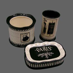 Kim Poloson Paris Theme 3 Piece Bath Vanity Set, Soap Dish, Tumbler, Jar